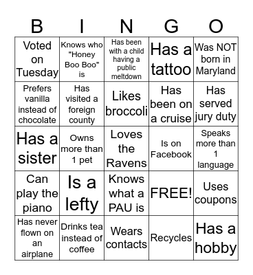 Ice Breaker Bingo Card