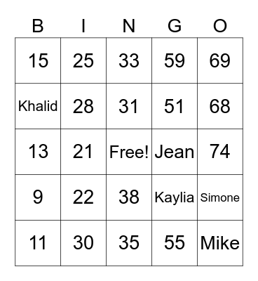 Number & Family Bingo Card