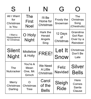 Holiday Singo Bingo Card