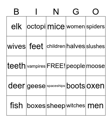 Plural nouns Bingo Card