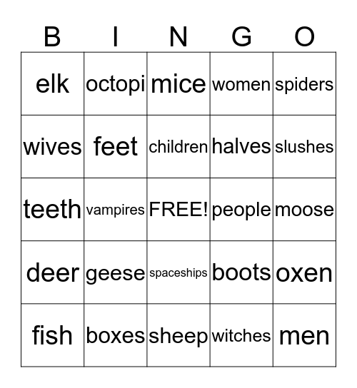 Plural nouns Bingo Card