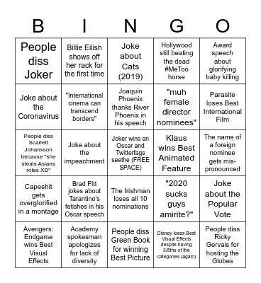 /tv/'s Oscar Bingo 2020 Bingo Card