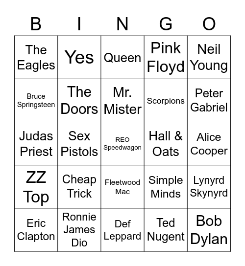 Classic Rock Bingo Card
