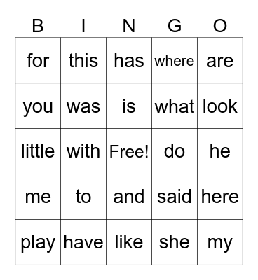 Sight Words Bingo Card