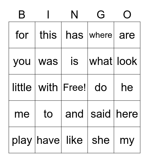 Sight Words Bingo Card