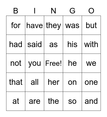 Sight Words Bingo Card