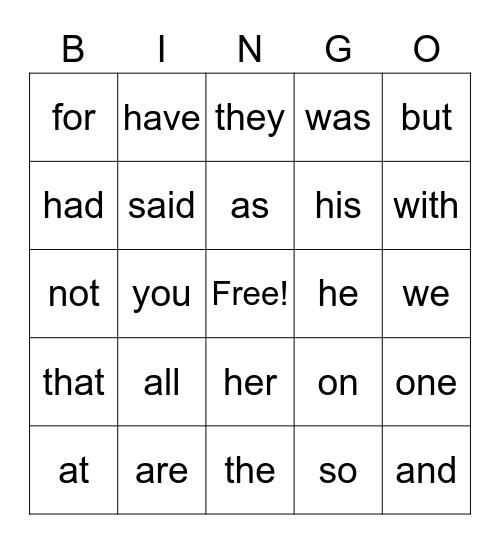 Sight Words Bingo Card