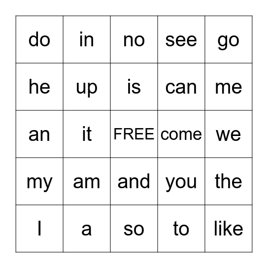Sight Words Bingo Card