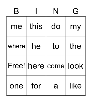 Sight Words Bingo Card