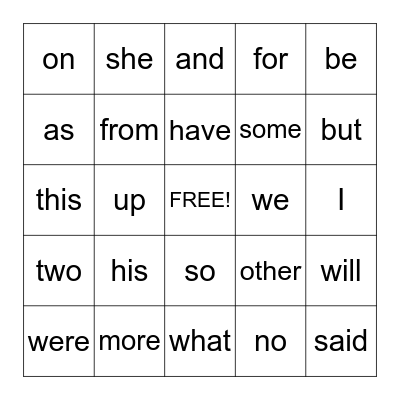 Sight Words Bingo Card