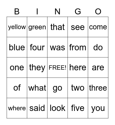 Sight Words Bingo Card