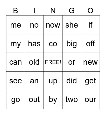 Sight Words Bingo Card