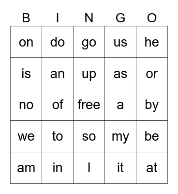 Sight Words Bingo Card
