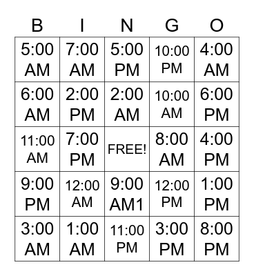 Telling Time Bingo Card
