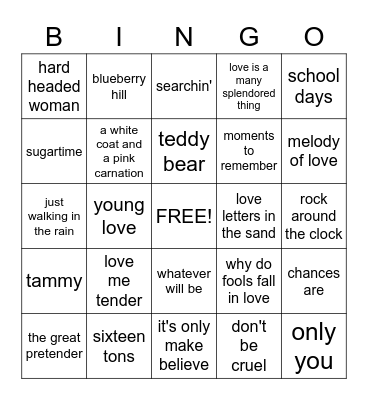 Songs Bingo Card