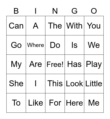 Sight Words Bingo Card