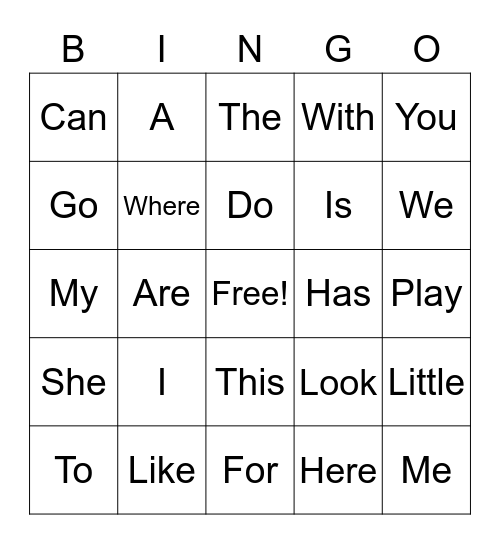 Sight Words Bingo Card