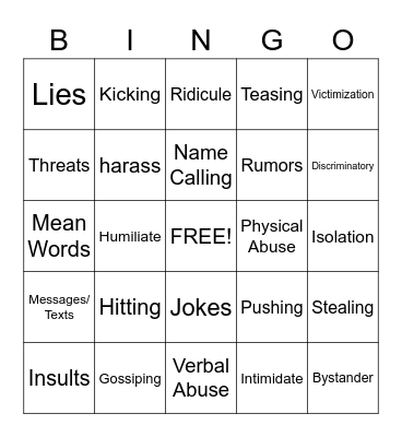 Anti-Bullying Bingo Card