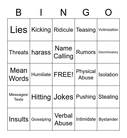 Anti-Bullying Bingo Card