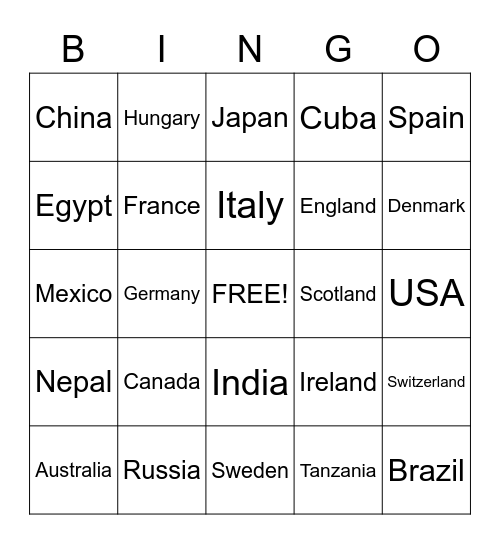 Countries Bingo Card