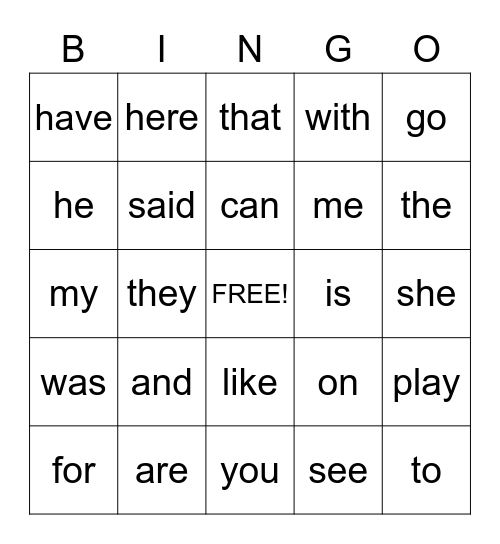 Sight Word Bingo  Bingo Card