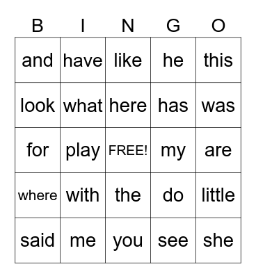 Sight Words Bingo Card