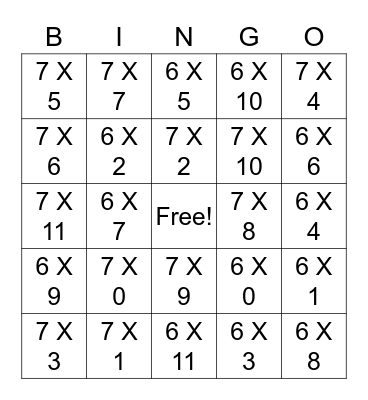 Multiplication BINGO Card
