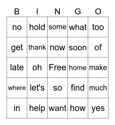 Sight Words Bingo Card