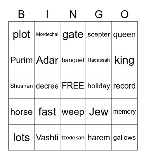 Queen Esther Bingo Card