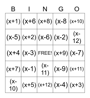 Algebra Bingo Card