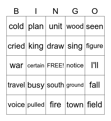 Sight Words Bingo Card