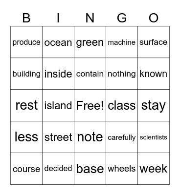 Vocabulary Bingo Card