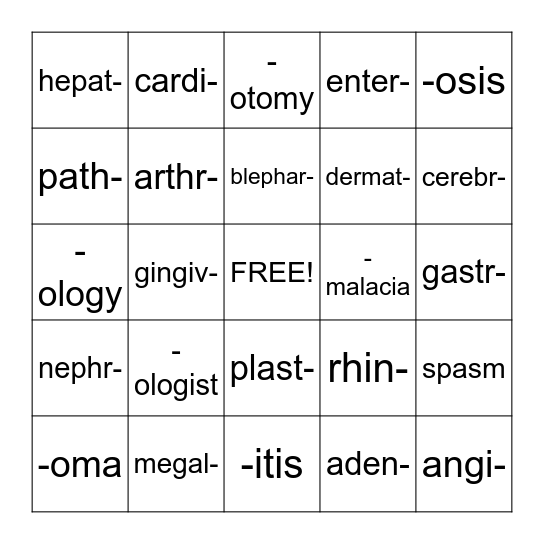Medical Terms Bingo Card