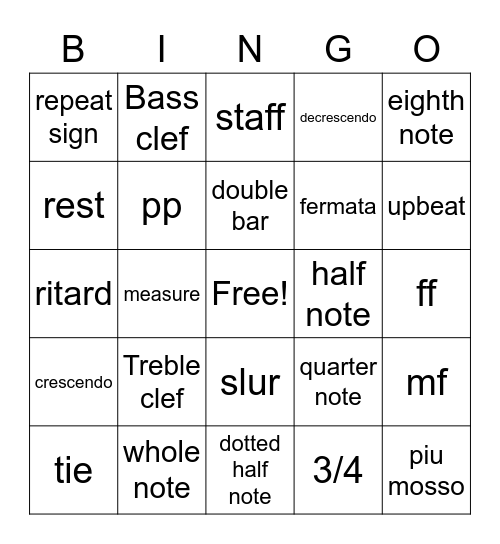 Musical terms Bingo Card
