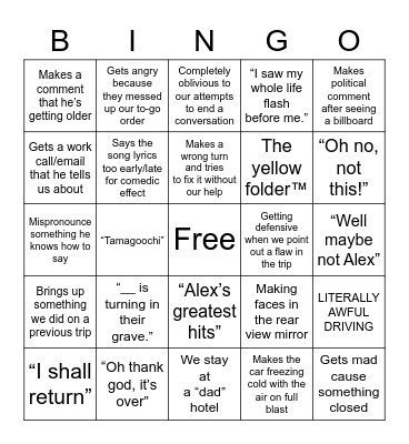 Dad Vacation Bingo Card