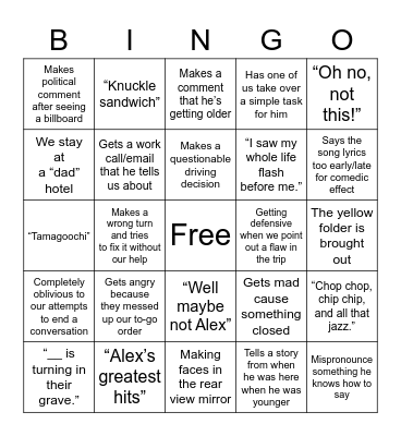 Dad Vacation Bingo Card