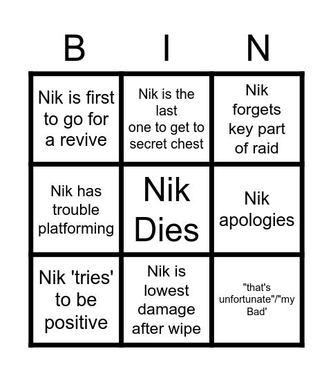 Nik's Big Raid Bingo Card