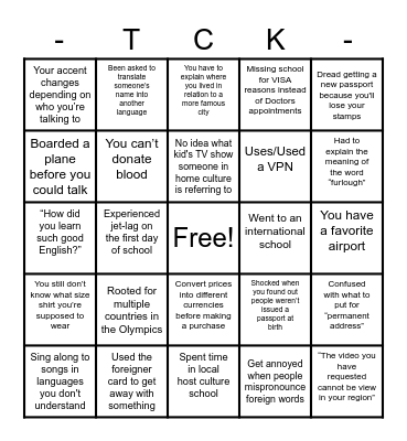 Where are you from? Bingo Card