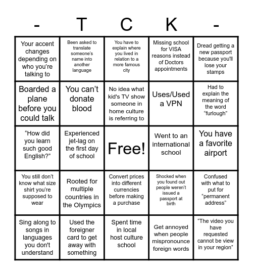 Where are you from? Bingo Card