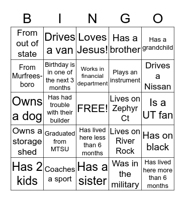 "Getting to know you" Bingo Card