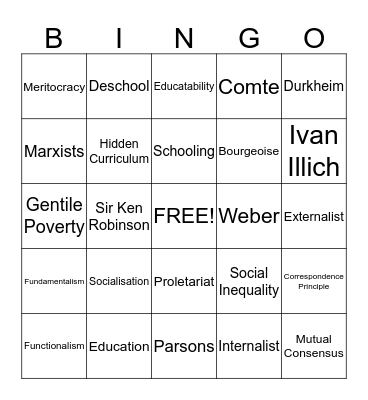 Social Class and Education  Bingo Card