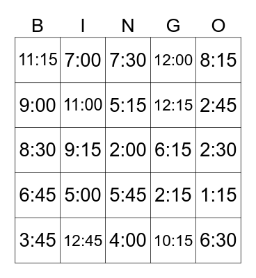 TELLING TIME-NUMBERS ONLY Bingo Card