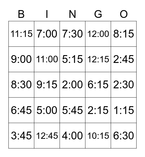 TELLING TIME-NUMBERS ONLY Bingo Card