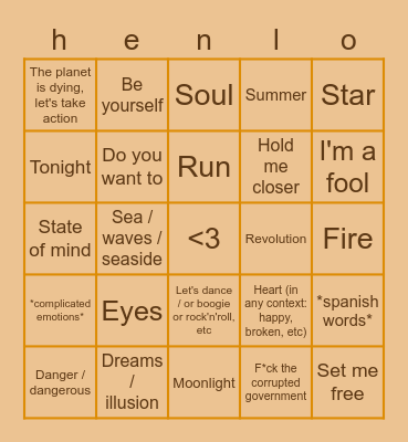 Liza's thirsting after these song lyrics Bingo Card