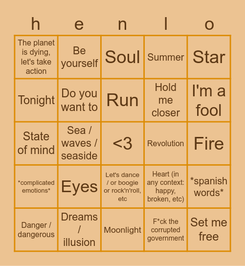 Liza's thirsting after these song lyrics Bingo Card