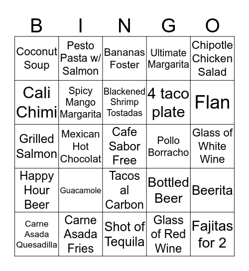 Cafe Sabor  Bingo Card