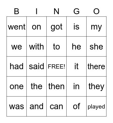 Sight Words Bingo Card