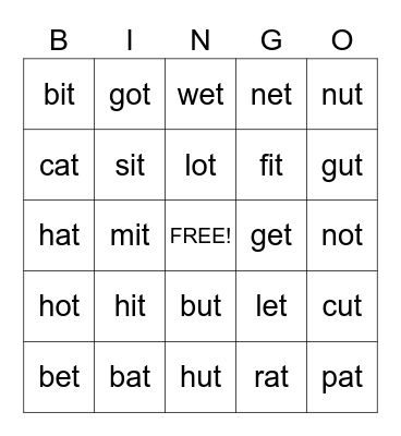 Sight Words Bingo Card