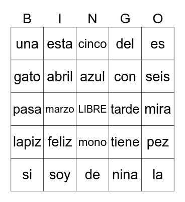 Spanish Words Bingo Card