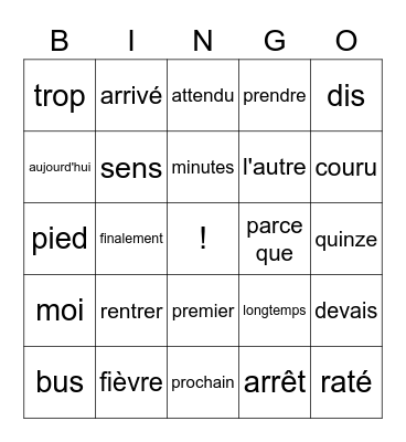 French Words Bingo Card